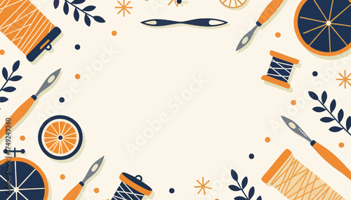 Crafting and sewing tools background. Flat design vector illustration of handmade hobby supplies. DIY project template with copy space