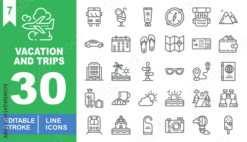 Vacation set of web icons in line style. Exclusive vacation line icon collection containing bus, cocktail, sunscreen, compass, backpack, mountains, and icecream. Editable stroke. Vector illustration
