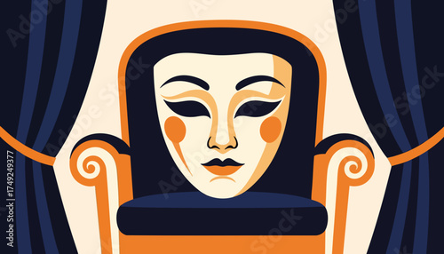A theatrical mask on a chair vector illustration. Modern flat design graphic for drama and performance concepts. Mystery and identity symbol on a stage with curtains