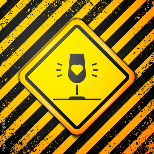 Black Wine glass icon isolated on yellow background. Wineglass sign. Favorite wine. Warning sign. Vector