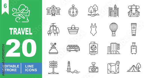ravel set of web icons in line style. Exclusive travel line icon collection. Containing airplane, train, compass, trees, city, backpack, cablecar, beachbag. Editable stroke. Vector illustration.