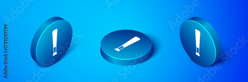Isometric Baseball bat icon isolated on blue background. Blue circle button. Vector