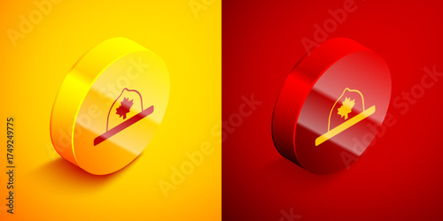 Isometric Canadian ranger hat uniform icon isolated on orange and red background. Circle button. Vector