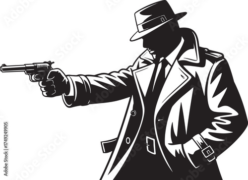 Silhouette of a man in a fedora and trench coat aiming a pistol
