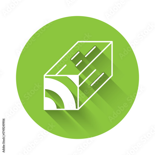 White Wooden beam icon isolated with long shadow background. Lumber beam plank. Green circle button. Vector