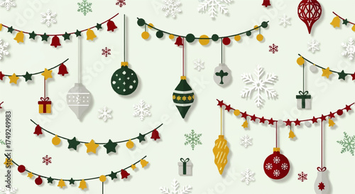 Festive Christmas Garland Decorations and Snowflakes on a Light Background for Holiday Celebrations
