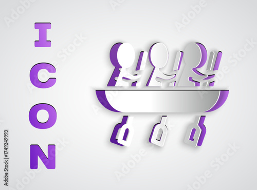 Paper cut Canoe rowing team sports icon isolated on grey background. Three athletes with oars rowing in boat. Teamwork concept. Paper art style. Vector