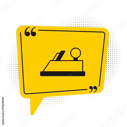 Black Wood plane tool for woodworker hand crafted icon isolated on white background. Jointer plane. Yellow speech bubble symbol. Vector