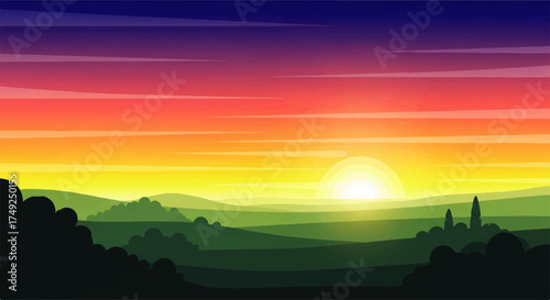 Serene dawn over rolling hills with vibrant sky gradient and distant trees