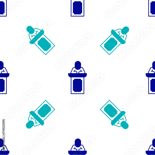 Blue Auction auctioneer sells icon isolated seamless pattern on white background. Auction business, bid and sale. Vector