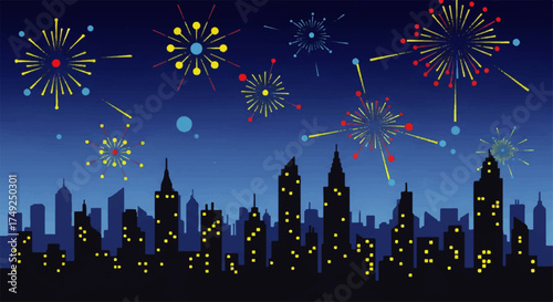 Vibrant Cityscape Illuminated by a Dazzling Fireworks Display Against a Deep Blue Night Sky