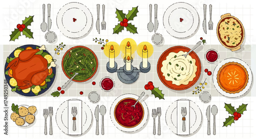 An overhead flat lay illustration of a festive Christmas holiday dinner table spread with traditional food like turkey, pie, and side dishes