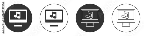 Black Computer with music note symbol on screen icon isolated on white background. Circle button. Vector