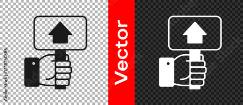Black Hand holding auction paddle icon isolated on transparent background. Bidding concept. Auction competition. Hands rising signs with BID inscriptions. Vector