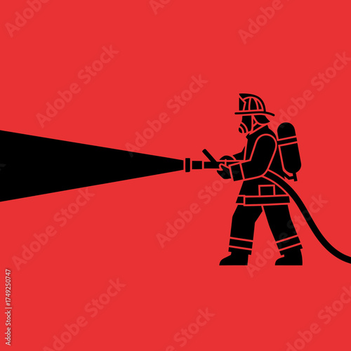 Firefighter silhouette in full gear spraying water from a hose.