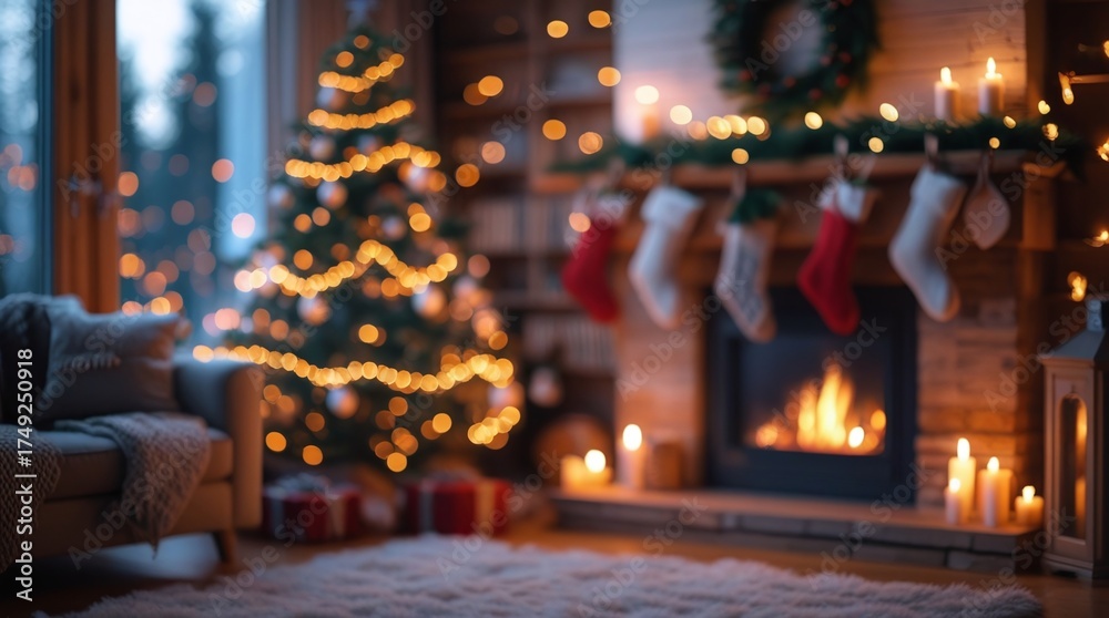 Fototapeta premium Christmas Tree and Fireplace with Stockings in Cozy Home Interior