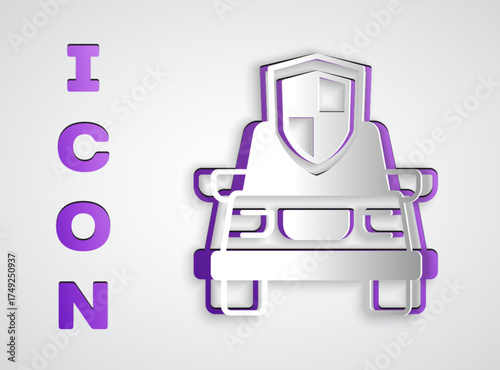 Paper cut Car insurance icon isolated on grey background. Insurance concept. Security, safety, protection, protect concept. Paper art style. Vector