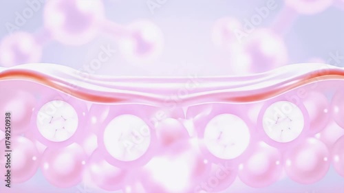 3d animation of white serum, cream, and lotion drops into skin cells for UV protection, Ultraviolet shield reflection. repair skin care concept
