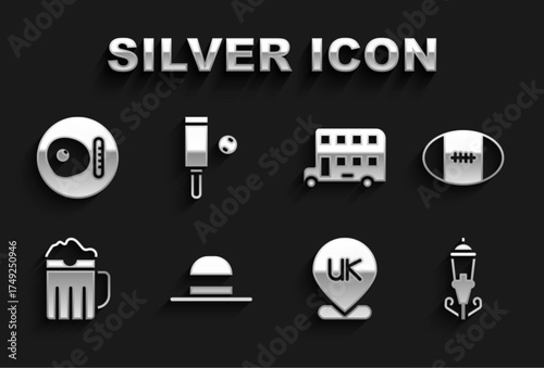 Set Elegant women hat, Rugby ball, Vintage street light, Location England, Wooden beer mug, Double decker bus, British breakfast and cricket bat icon. Vector