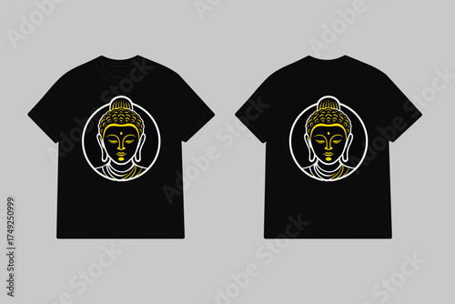 Black t shirt with golden buddha face linocut vector
