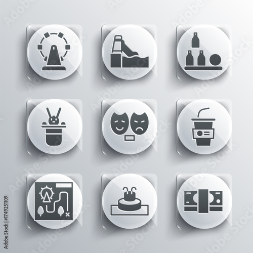 Set Fountain, Stacks paper money cash, Paper glass with water, Comedy and tragedy masks, Amusement park map, Magician hat rabbit, Ferris wheel and Bottles ball icon. Vector