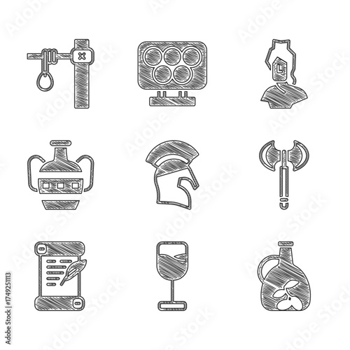 Set Greek helmet, Wine glass, Bottle of olive oil, Medieval axe, Decree, parchment, scroll, Ancient amphorae, bust sculpture and Gallows icon. Vector