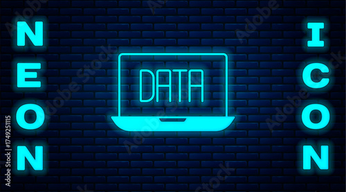 Glowing neon Data analysis icon isolated on brick wall background. Business data analysis process, statistics. Charts and diagrams. Vector