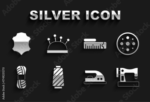 Set Sewing thread on spool, button, machine, Electric iron, Yarn, Tape measure, Leather and Needle bed and needles icon. Vector