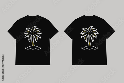 Black t shirt with linocut palm tree island design
