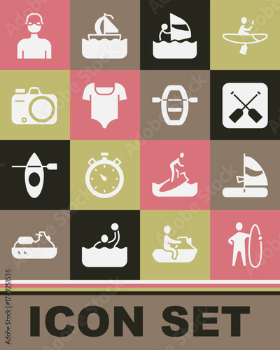 Set Surfboard, Windsurfing, Paddle, Swimsuit, Photo camera, Swimmer and Boat with oars icon. Vector