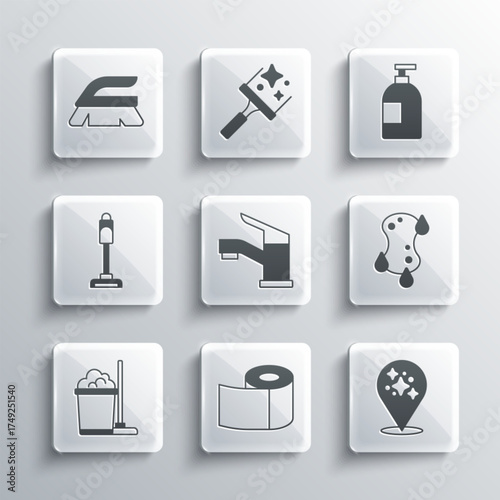 Set Toilet paper roll, Home cleaning service, Sponge, Water tap, Mop and bucket, Vacuum cleaner, Brush for and Dishwashing liquid bottle icon. Vector