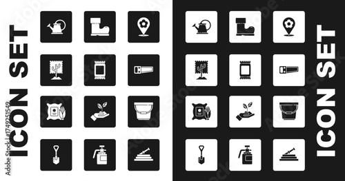 Set Location with flower, Fertilizer bag, Tree, Watering can, Hand saw, Waterproof rubber boot, Bucket and Corn the sack icon. Vector