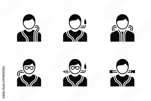 Six minimalist black vector icons representing people with accessories silhouette