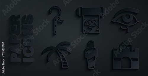 Set Egypt mummy, Eye of Horus, Tropical palm tree, Egyptian house, on papyrus scroll and Crook icon. Vector