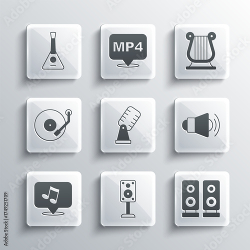 Set Stereo speaker, Megaphone, Microphone, Music note, tone, Vinyl player, Balalaika and Ancient Greek lyre icon. Vector