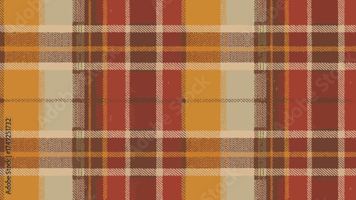 Detailed close up of a tartan pattern with red brown and beige colors in a fabric texture