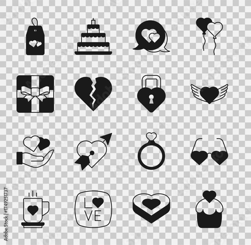 Set Wedding cake, Heart shaped love glasses, with wings, speech bubble, Broken heart or divorce, Gift box, Please do not disturb and Castle the of icon. Vector