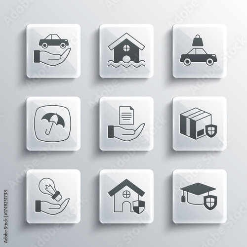 Set House with shield, Graduation cap, Delivery security, Contract in hand, Light bulb, Umbrella, Car insurance and icon. Vector