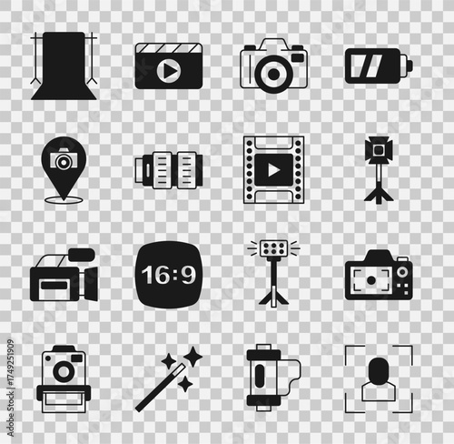 Set Camera focus frame line, Photo camera, Studio light bulb softbox, photo lens, Empty studio and film roll cartridge icon. Vector