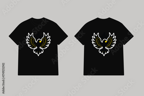 Black t shirt with phoenix bird graphic fire
