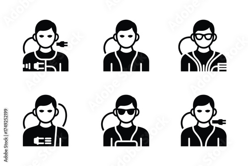 Set of six minimalist black and white vector icons representing diverse individuals with connectivity themes silhouette