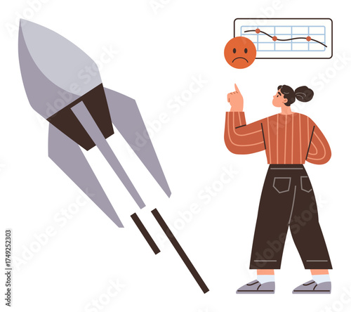 Woman gesturing toward a downward trend chart with a sad face, next to a descending rocket. Ideal for business failure, financial loss, career setbacks, growth challenges, analytical thinking