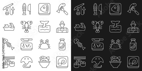 Set line Octopus on a plate, Sea cucumber in jar, Fisherman, head, Lobster, Fishing boat, harpoon and Whale tail ocean wave icon. Vector