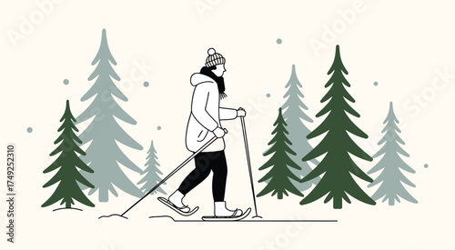 Snowshoeing Adventure Through Peaceful Winter Forest – Tranquil Outdoor Recreation Amid Snow-Covered Evergreen Trees in Scenic Wilderness Landscape