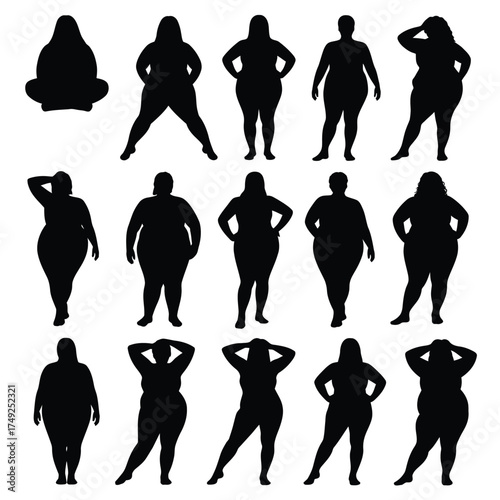 Diverse collection of black silhouettes representing various body shapes and poses silhouette