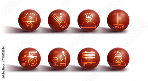 Set line Storm, Tractor, Garden rake, Bench, Wine bottle with glass, Meteorology thermometer, Autumn clothes and Graduate and graduation cap icon. Vector
