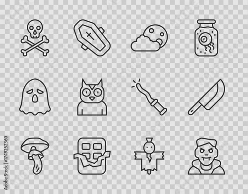 Set line Psilocybin mushroom, Vampire, Moon and stars, Chocolate bar, Skull crossbones, Owl bird, Scarecrow and Knife icon. Vector