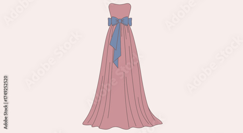 A long, flowing pink formal gown with a blue sash and bow detail.