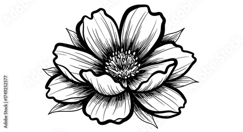Black and white illustration of a blooming flower with detailed petals, stamen, and leaves on a white background.