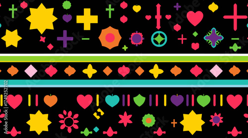 Colorful geometric shapes and symbols arranged in horizontal bands against a black background creating a pattern.